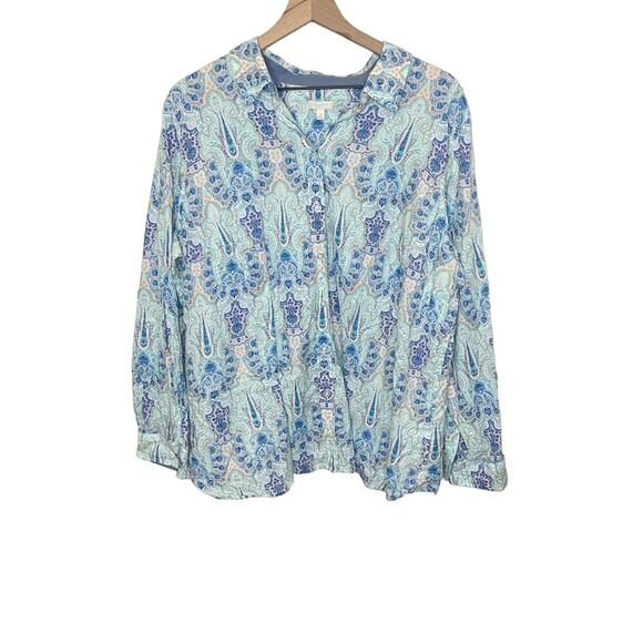 TALBOTS Woman PLUS 2X Paisley Button Front Long Sleeve Poplin Top Beachy Casual - Picture 1 of 13